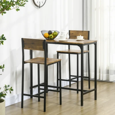 HOMCOM 3 Piece Counter-Height Bar Table Set with Stools, Rustic Brown