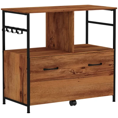Vinsetto Vertical Filing Cabinet, File Cabinet with Hanging Bars for A4/Letter/Legal Size, Drawer, 2 Open Shelves and 8 Hooks, Industrial Printer Stand for Home Office, Rustic Brown