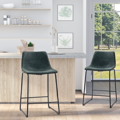 HOMCOM Counter Height Bar Stools Set of 2, Vintage PU Leather Bar Chairs, Kitchen Stool with Footrest for Home Bar Green