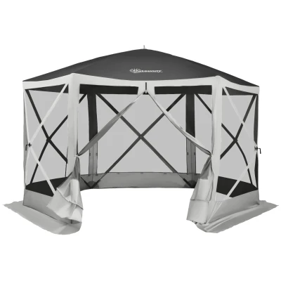 Outsunny 12' x 12' Hexagon Automatic Pop Up Screen Tents Camping Shelter Picnic Canopy with Mesh Sidewalls and Carry Bag, Grey