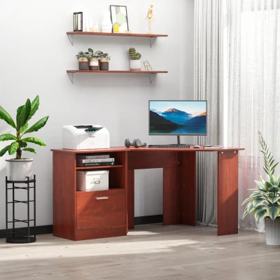 HOMCOM L-Shaped Computer Desk with Printer Cabinet, Cherry