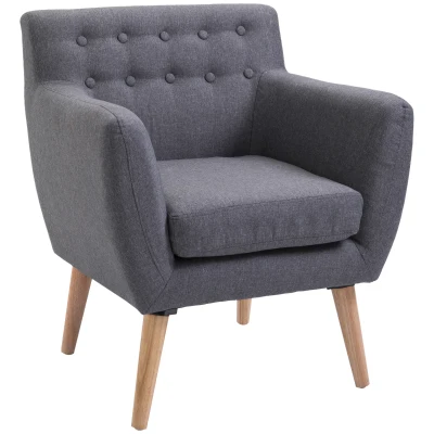 HOMCOM Linen Upholstery Armchair, Mid-Century Modern Accent Chair with Wood Frame and Thick Padding, Light Grey