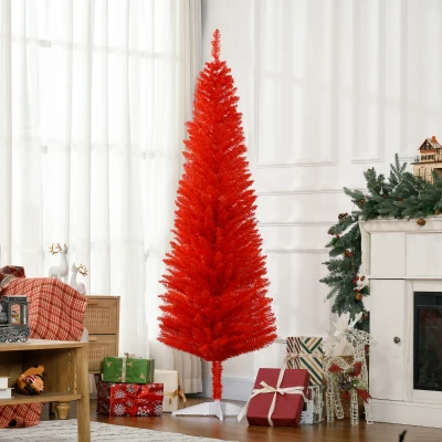 HOMCOM 6FT Pencil Christmas Tree with 390 Tips & Plastic Stand, Red