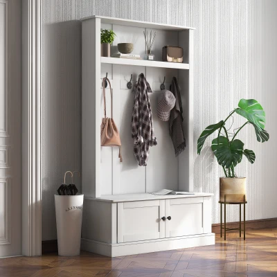 HOMCOM Entryway Bench with Coat Rack, White Hall Tree
