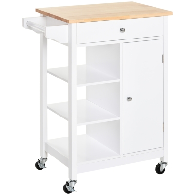 HOMCOM Modern Rolling Kitchen Island Cart with Drawer, Natural Wood Top, Towel Rack, Door Storage Cabinet, White