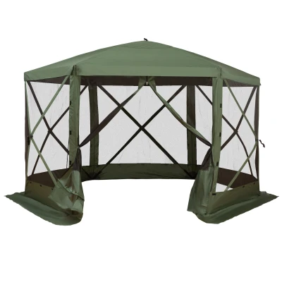Outsunny 12' x 12' Hexagon Automatic Pop Up Screen Tents Camping Shelter Picnic Canopy Outdoor Sun Shade with Mesh Sidewalls and Carry Bag, Green