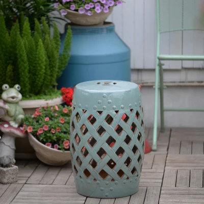 Outsunny 13" Ceramic Garden Stool, Woven Lattice Design, Blue