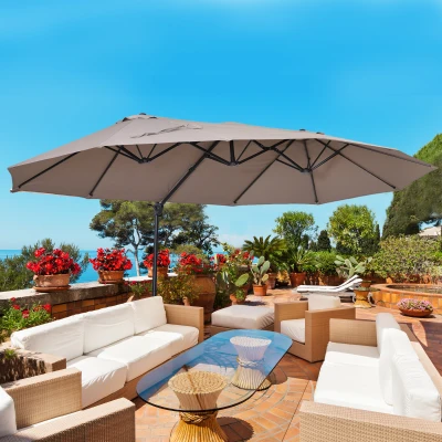 Outsunny 14ft Double-Sided Patio Umbrella, Crank & Cross Base, Brown
