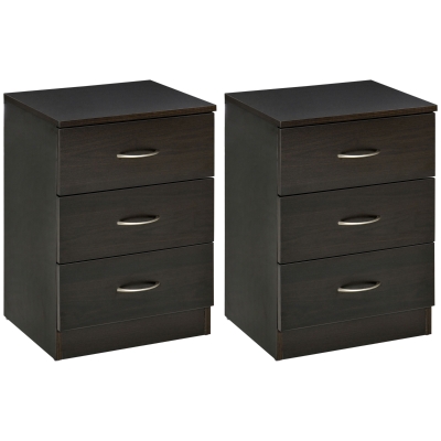 HOMCOM Bedside Table with 3 Drawers, Modern Wood Nightstand, Side Table with Anti-tipping Design for Bedroom, Set of 2, Dark Brown