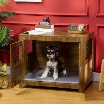 PawHut Dog Crate End Table, Rattan, Walnut, Large Entrance