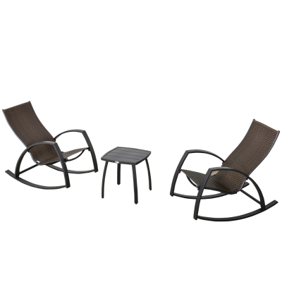 Outsunny 3 Pieces Patio Wicker Rocking Chair Set, Outdoor PE Rattan Bistro Rocker Set w/ Aluminum Frame, and Glass Top Coffee Table for Garden, Porch, Poolside, Brown