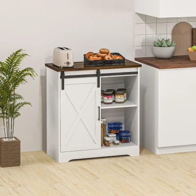 HOMCOM Farmhouse Kitchen Buffet Cabinet with Sliding Barn Door, White