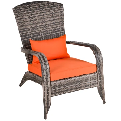 Outsunny Patio Wicker Adirondack Chair, Outdoor PE Rattan Fire Pit Chair, Muskoka Chair w/ Soft Cushions, Tall Curved Backrest and Comfortable Armrests for Deck or Garden, Orange