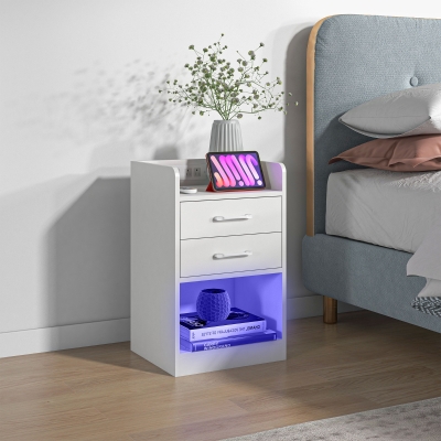 HOMCOM Tall Nightstand with Charging Station and LED Lights, Small Bedside Table with AC Outlets, USB Ports, 2 Drawers, Shelf