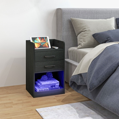HOMCOM Tall Nightstand with Charging Station and LED Lights, Small Bedside Table with AC Outlets, USB Ports, 2 Drawers, Shelf