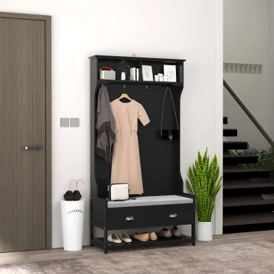 HOMCOM 3-in-1 Hall Tree Bench with Coat Rack, Shoe Rack & Storage, Black