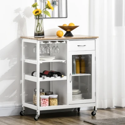 HOMCOM Rolling Kitchen Cart with Wine Rack, Drawer & Cabinet, White