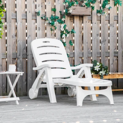 Outsunny Adjustable Outdoor Chaise Lounge Chair with Wheels, White