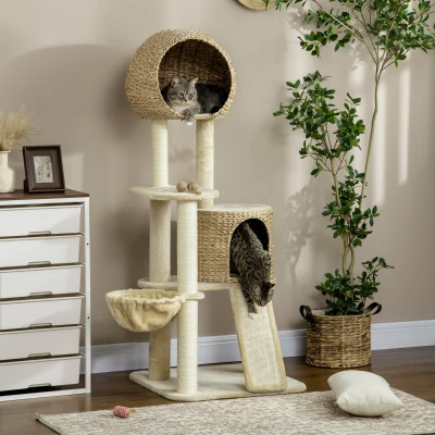 PawHut 59" Cat Tree with Condo & Hammock, Beige