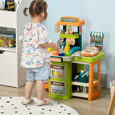 Qaba 58Pcs Kids Grocery Store Trolley with Cash Register, Foldable