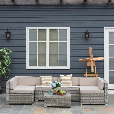 Outsunny 7-Piece Outdoor Wicker Sofa Set, Beige Cushions