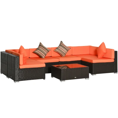 Outsunny 7pcs Garden Wicker Sectional Set w/ Tea Table Patio Rattan Lounge Sofa with Cushion for Outdoor Deck Orange