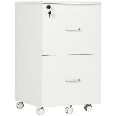 Vinsetto 2 Drawer Mobile File Cabinet with Lock, Wood Office Filing Cabinet with Locking Wheels for Letter and A4 Size, White
