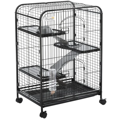 PawHut 4-Tier Small Animal Cage Pet Playpen for Rabbit Ferret Chinchilla on Wheels with Removable Tray Platform Ramp Food Dish Water Bottle, 24" x 17" x 37"
