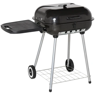 Outsunny Charcoal BBQ Grill with Warming Rack & Storage Side Table, Portable Barbecue Smoker with Lid, Heat Control, Wheels for Outdoor Cooking Camping Picnic, Black