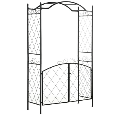 Outsunny 7FT Metal Garden Arch with Gate Climbing Planter Frame Backyard Decor for Vines Morning Glory Black