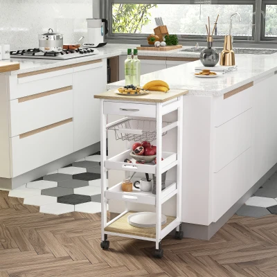 HOMCOM Rolling Kitchen Cart, Solid Wood with Storage, White