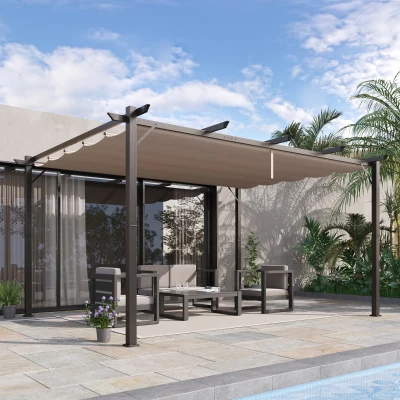 Outsunny 10' x 13' Aluminum Patio Pergola, Retractable Canopy, Brown