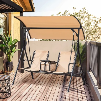 Outsunny 2-Person Porch Swing with Canopy & Storage Table, Beige