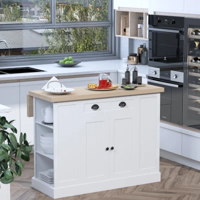 HOMCOM 47" Wooden Kitchen Island, Storage Cabinet with Drop Leaf, White