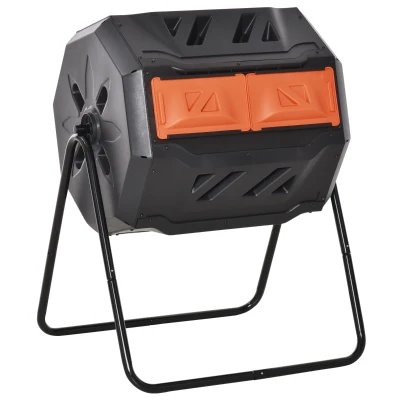 Outsunny Tumbling Compost Bin Outdoor Dual Chamber 360° Rotating Composter 43 Gallon with Sliding Doors, Orange