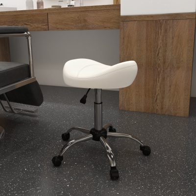 HOMCOM Saddle Stool, Height Adjustable Rolling Salon Chair with PU Leather for Massage, Spa, Clinic, Beauty and Tattoo, White