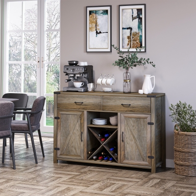 HOMCOM Farmhouse Bar Cabinet, Sideboards and Buffets with Doors, Wine Rack and Drawer, Storage Cabinet for Dining Room