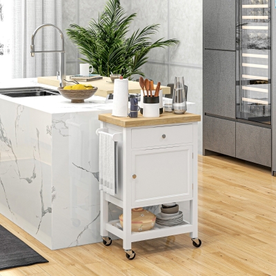 HOMCOM Kitchen Cart on Wheels, Rolling Kitchen Island Cart with Wood Top, Towel Rack, Drawer and Shelf for Dining Area, White