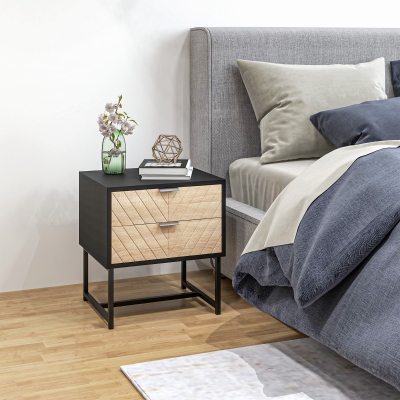HOMCOM Modern Bedside Table with 2 Drawers and Steel Frame, Sofa Side Table for Bedroom Living Room, Black and Oak