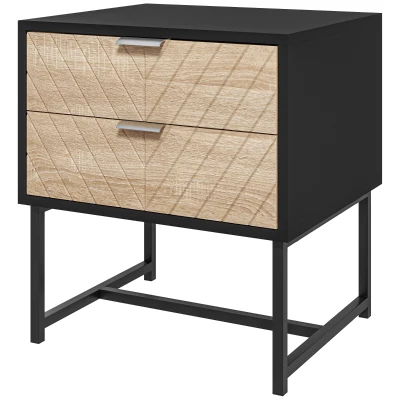 HOMCOM Modern Bedside Table with 2 Drawers and Steel Frame, Sofa Side Table for Bedroom Living Room, Black and Oak