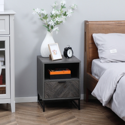 HOMCOM Modern Bedside Table with Drawer and Open Shelf, Sofa Side Table for Bedroom Living Room, Dark Grey