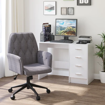 HOMCOM Linen Tufted Office Chair with Swivel Wheels, Dark Gray