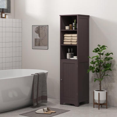 kleankin Tall Bathroom Storage Cabinet, Freestanding Tower Cabinet with Adjustable Shelf, 3 Open Shelves, Dark Brown