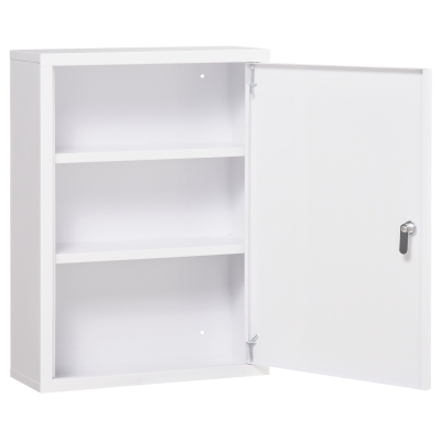 kleankin Lockable Medicine Cabinet, 3 Tier Steel Medical Wall Box with 2 Keys and Shelves for Bathroom, White