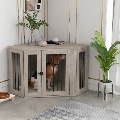 PawHut Corner Dog Crate, Large Indoor Furniture Cage, Walnut Brown