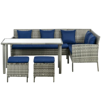 Outsunny 5 Pieces Wicker Patio Conversation Dining Furniture Set with Cushions, Table and Ottomans, Navy Blue