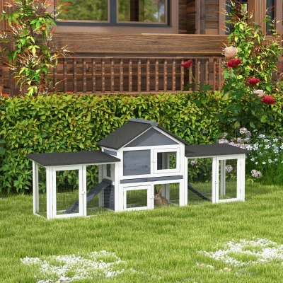 PawHut 83" Deluxe XL Wooden Rabbit Hutch, Dark Gray