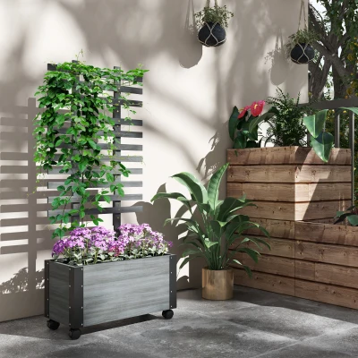 Outsunny Wooden Raised Garden Bed w/ Trellis, Portable on Wheels, Gray