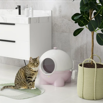 PawHut Large Hooded Cat Litter Box, Light Pink