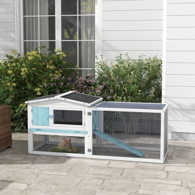 PawHut Wooden Rabbit Hutch Guinea Pig House with Removable Tray, Openable Roof, Trough, Run for Tortoises and Ferrets, Blue